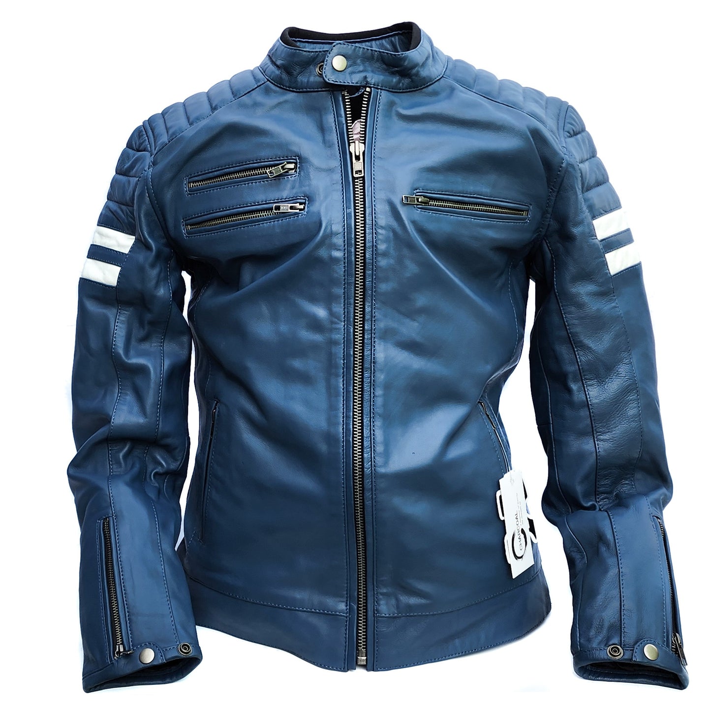Blue Beetle - Mens REAL Genuine Leather Jacket - Blue & White Stripe