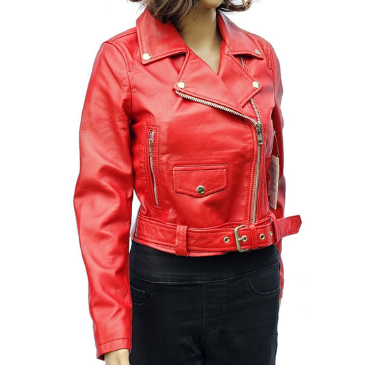 Cherry Blaze - Womens REAL Genuine Leather Jacket - Red Side Zip