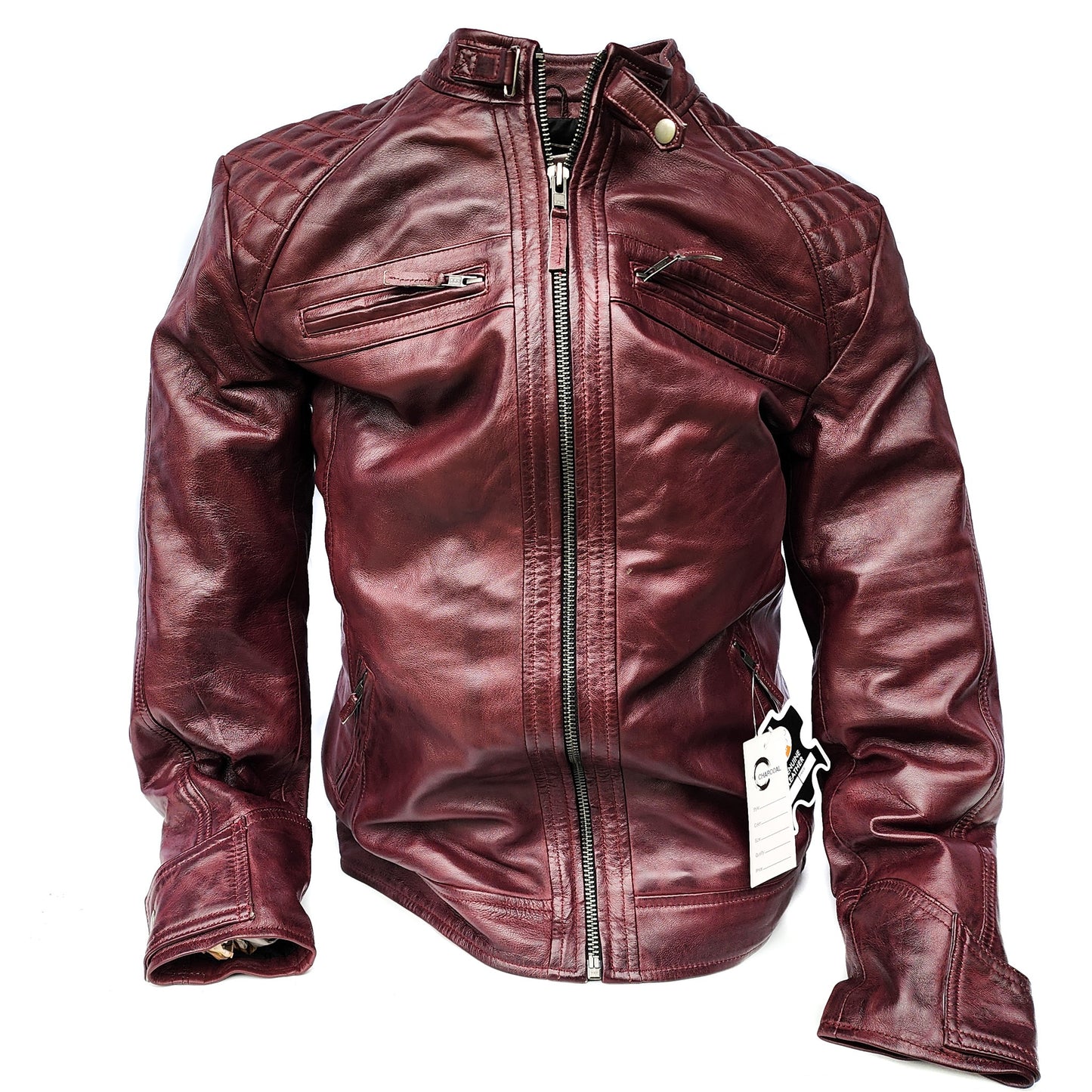 Crimson Brawler - Mens REAL Genuine Leather Jacket - Burgundy Quilted Shoulders