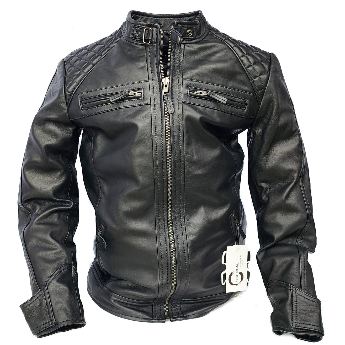 The Raven - Mens REAL Genuine Leather Jacket - Black Quilted Shoulders
