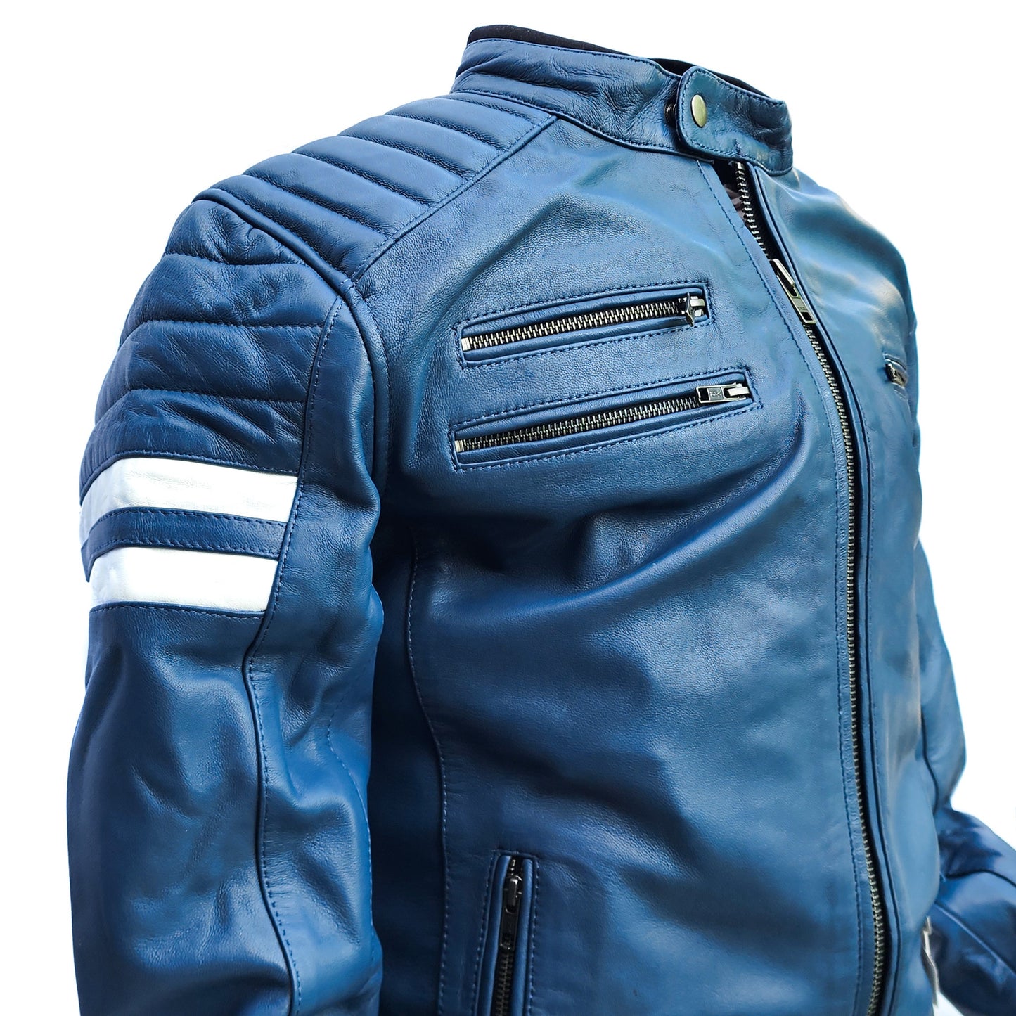 Blue Beetle - Mens REAL Genuine Leather Jacket - Blue & White Stripe