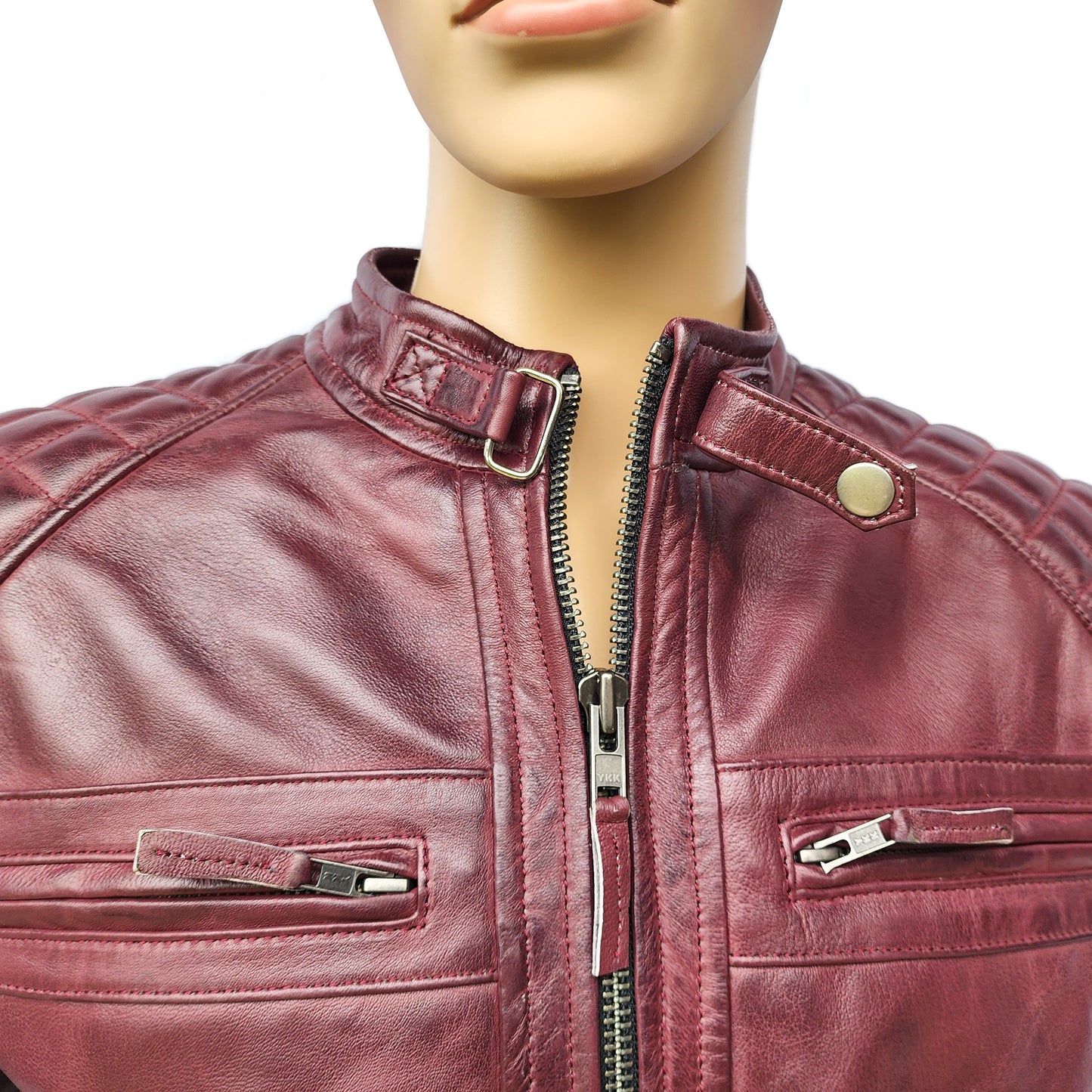 Crimson Brawler - Mens REAL Genuine Leather Jacket - Burgundy Quilted Shoulders