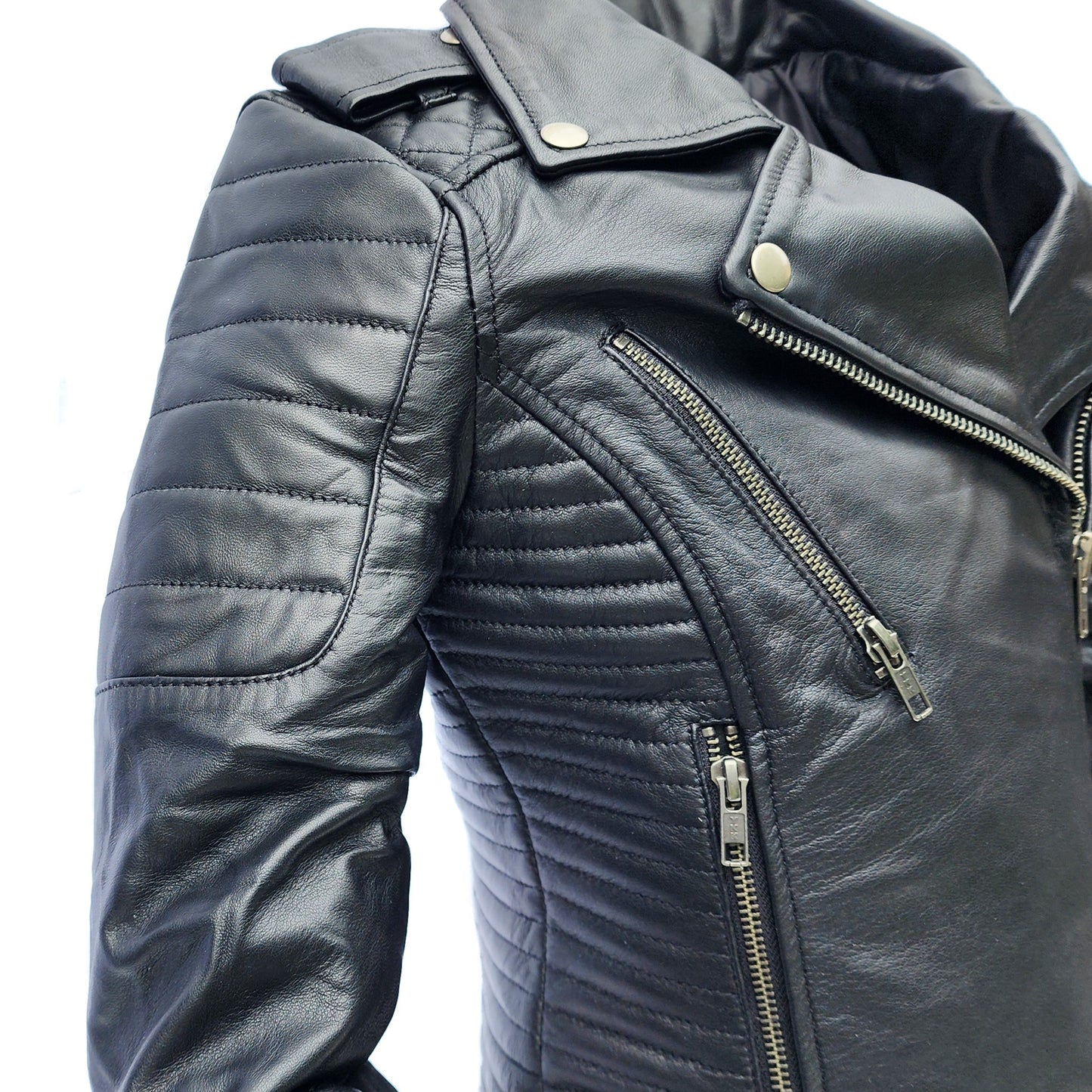 Mystic Rider - Womens REAL Genuine Leather Jacket - Black Side Zip Ribbed