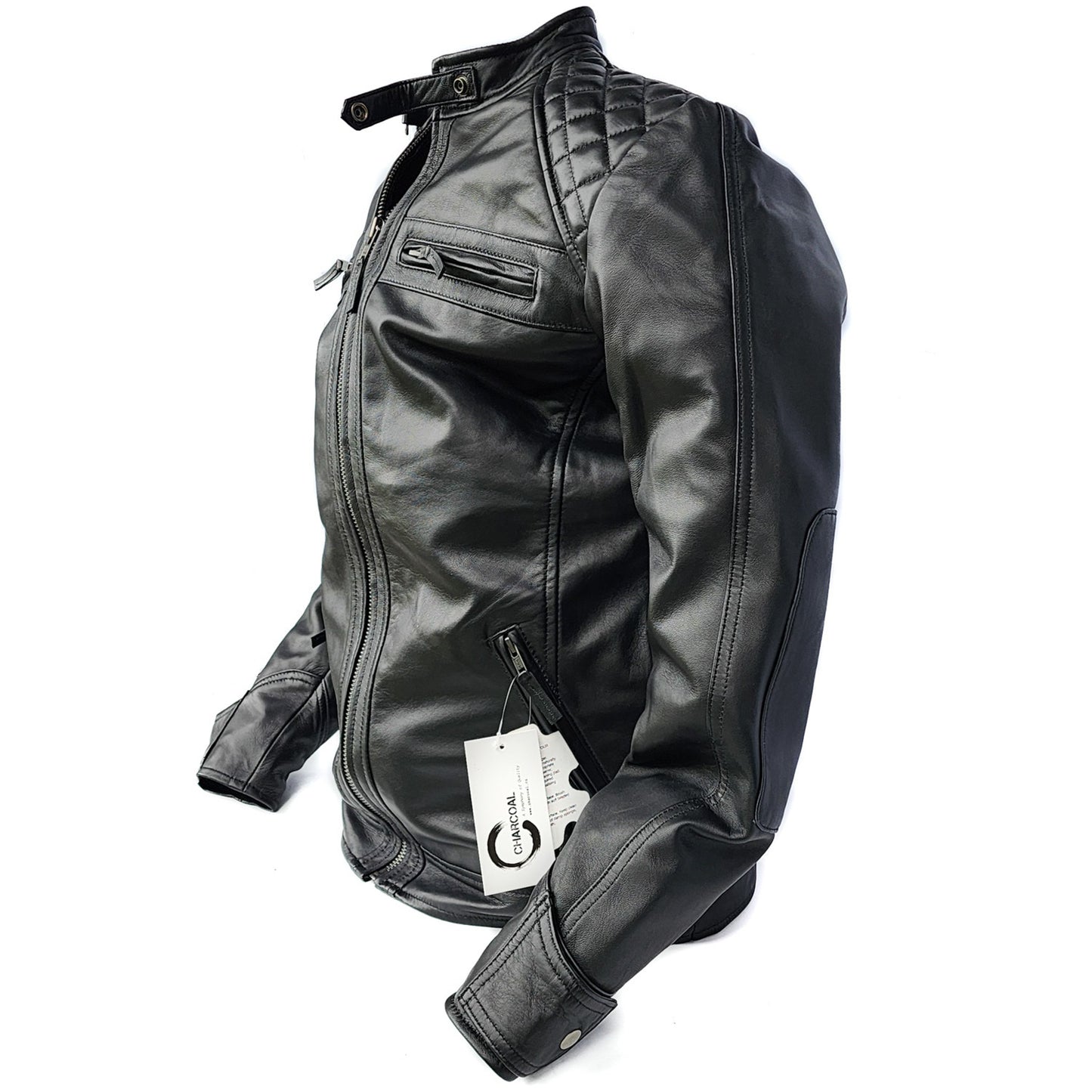 The Raven - Mens REAL Genuine Leather Jacket - Black Quilted Shoulders