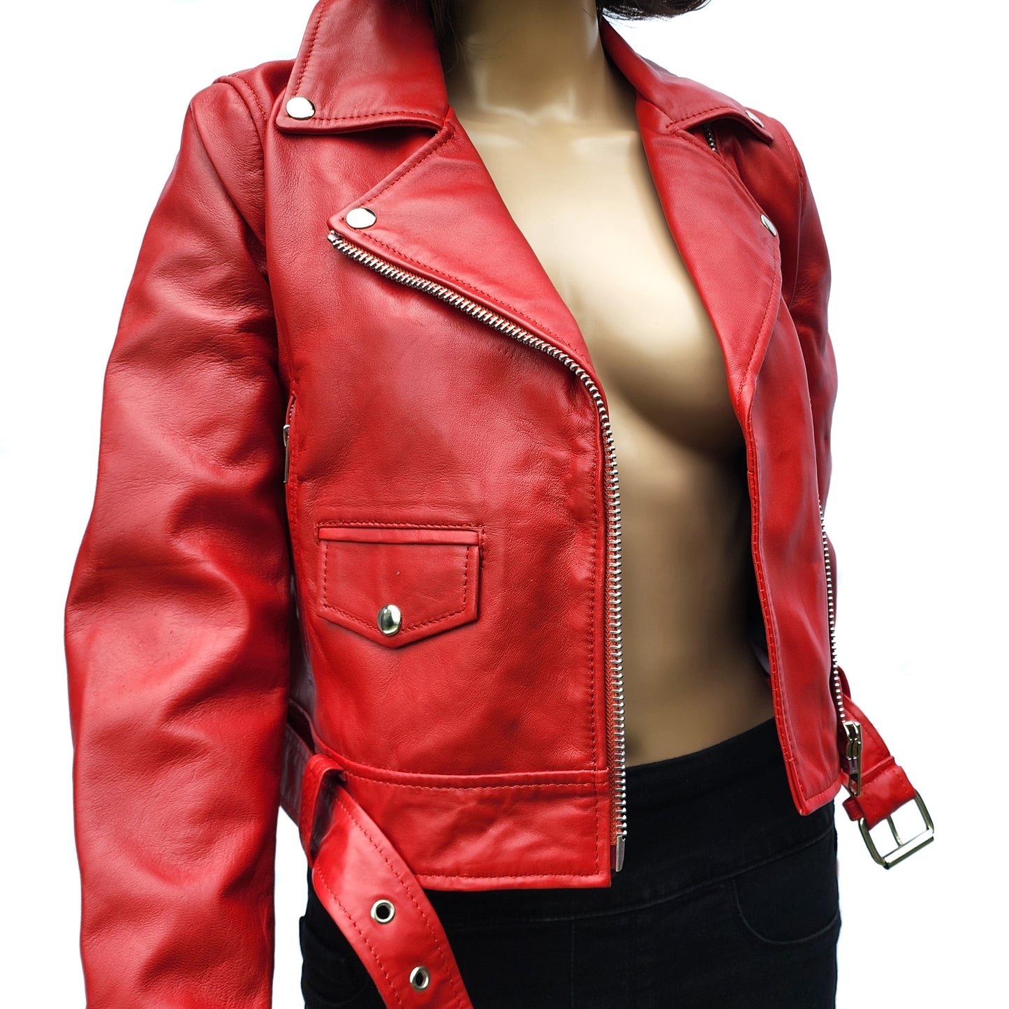 Cherry Blaze - Womens REAL Genuine Leather Jacket - Red Side Zip