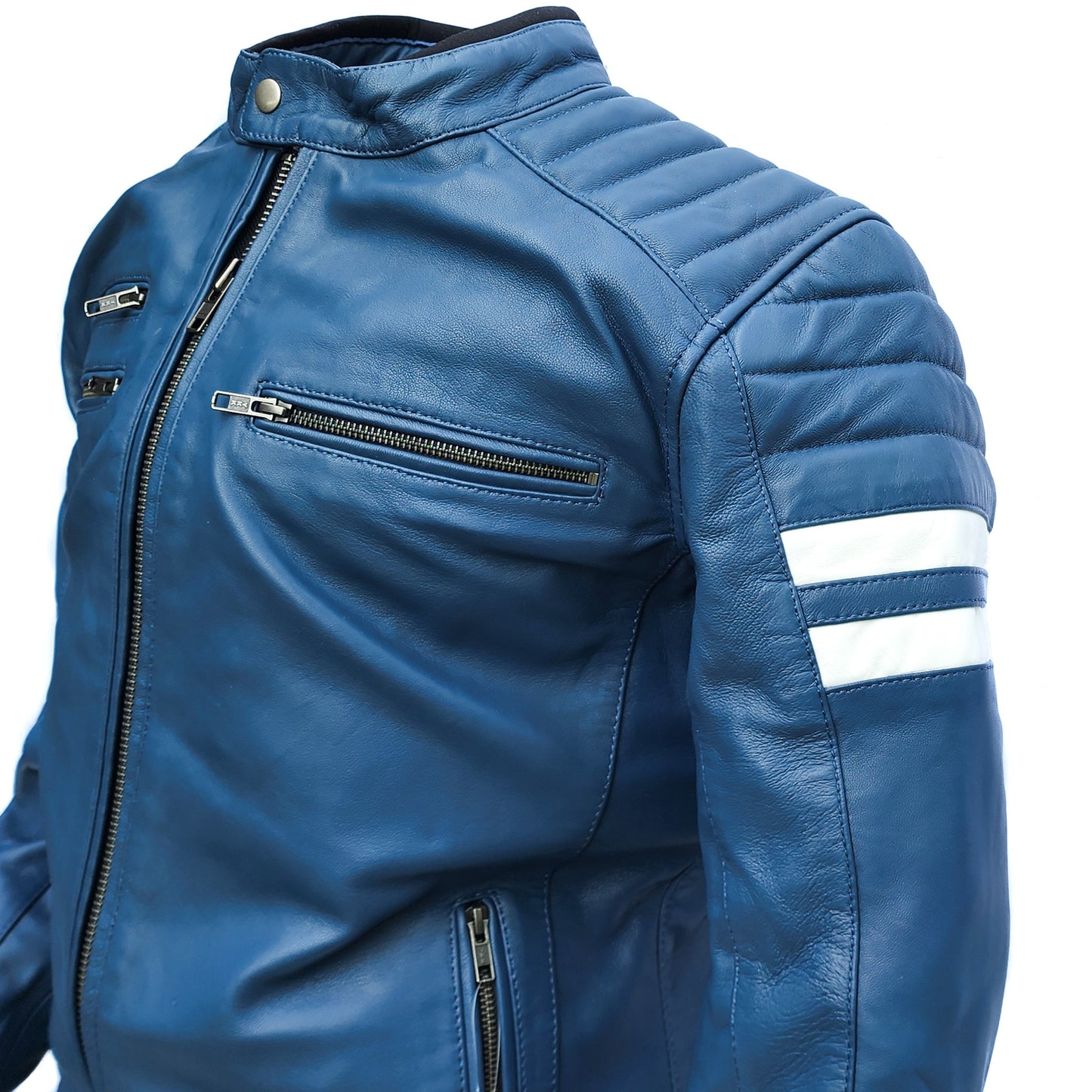 Blue Beetle - Mens REAL Genuine Leather Jacket - Blue & White Stripe
