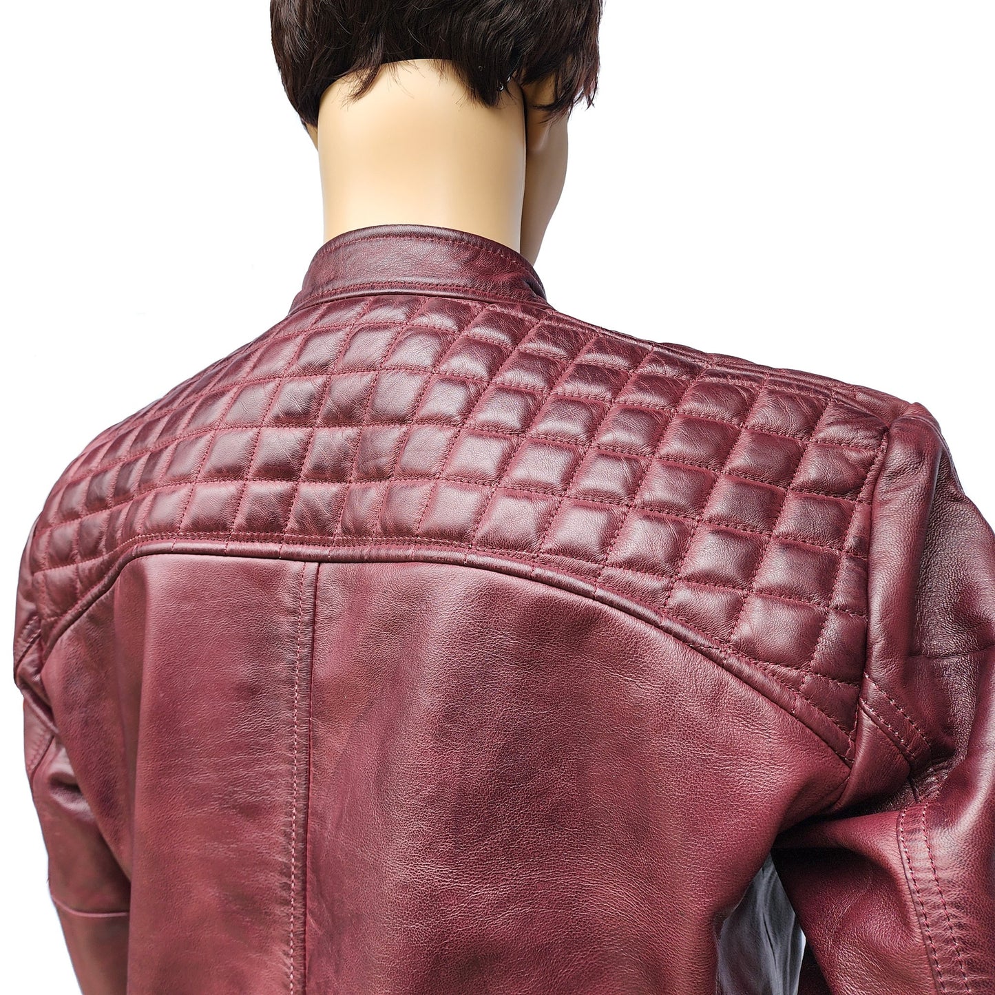 Crimson Brawler - Mens REAL Genuine Leather Jacket - Burgundy Quilted Shoulders
