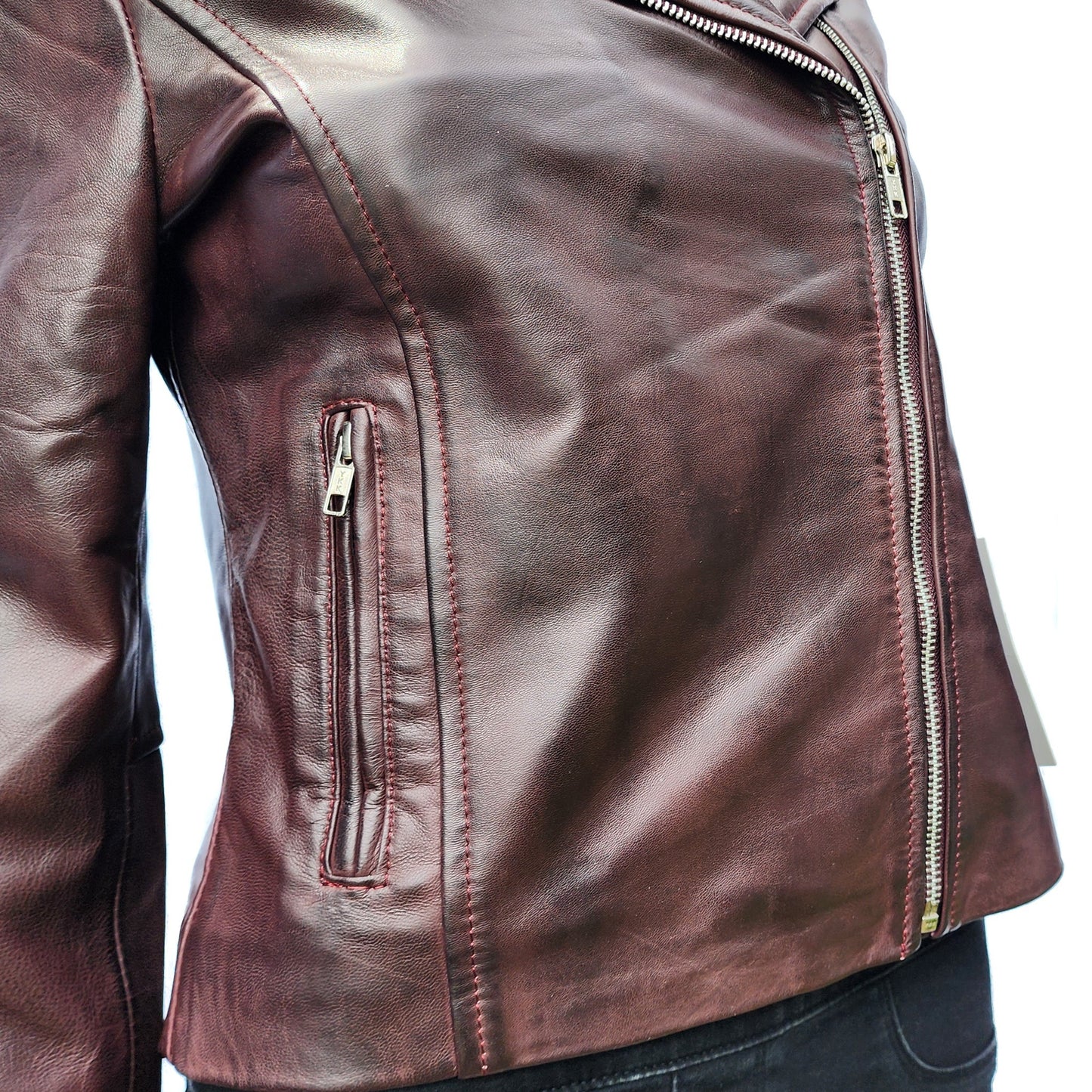 Merlot Ridge - Womens REAL Genuine Leather Jacket - Burgundy Side Zip