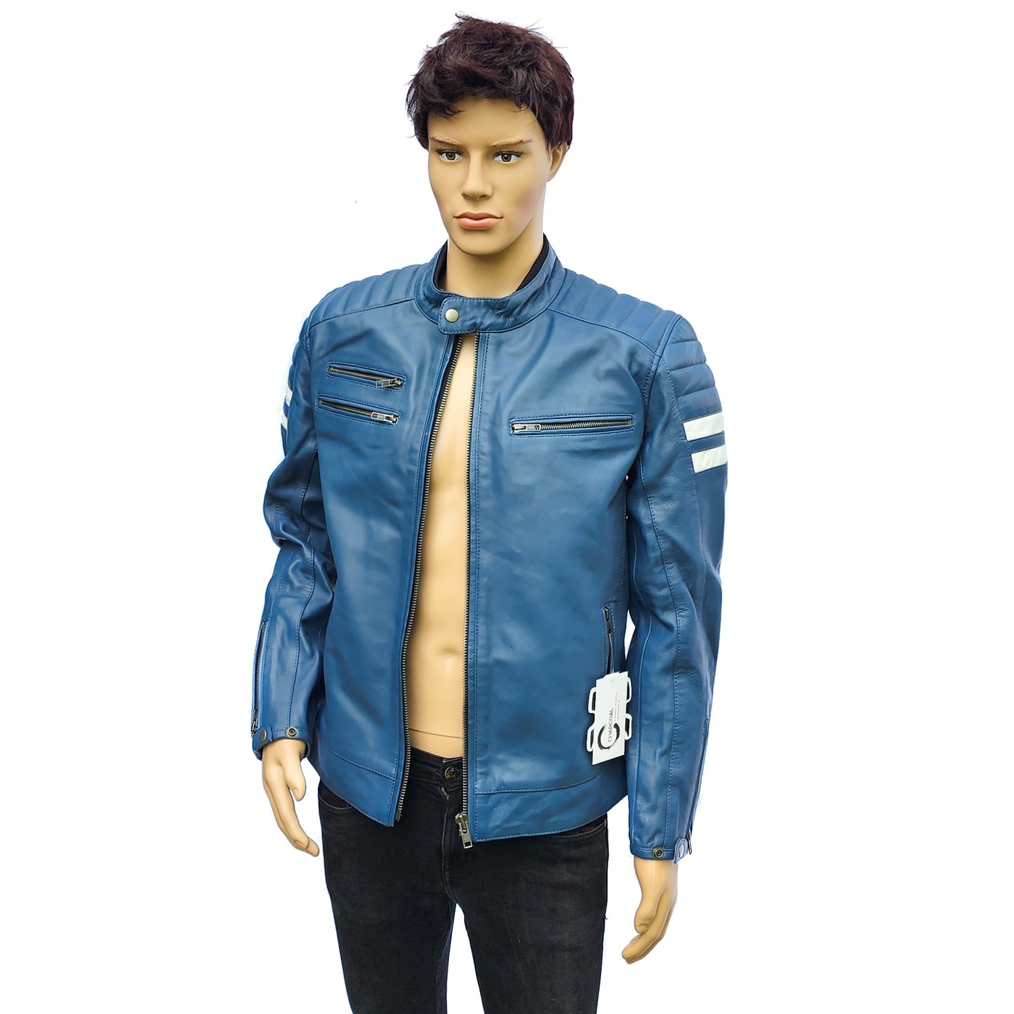 Blue Beetle - Mens REAL Genuine Leather Jacket - Blue & White Stripe