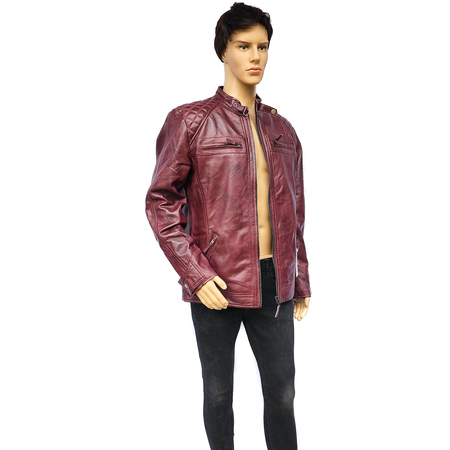 Crimson Brawler - Mens REAL Genuine Leather Jacket - Burgundy Quilted Shoulders