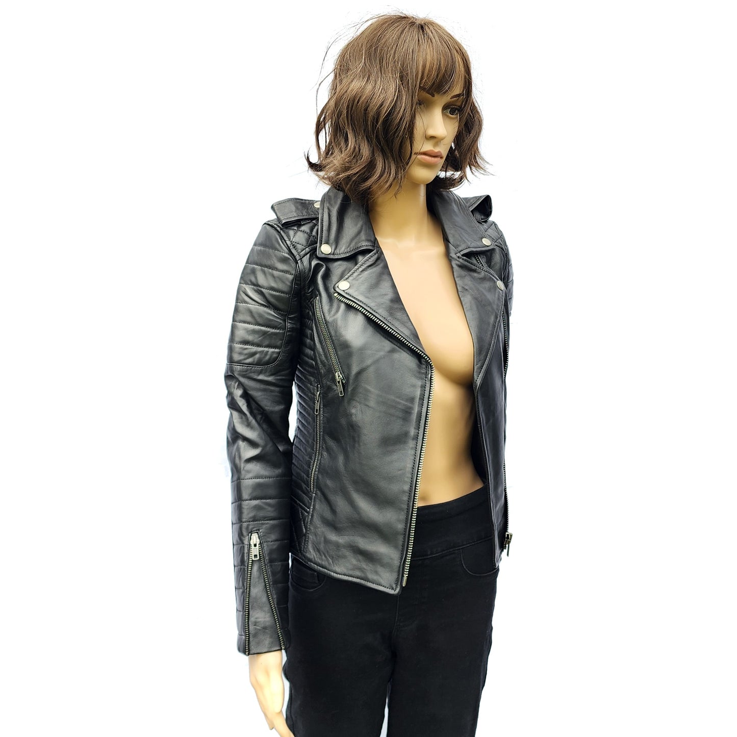 Mystic Rider - Womens REAL Genuine Leather Jacket - Black Side Zip Ribbed