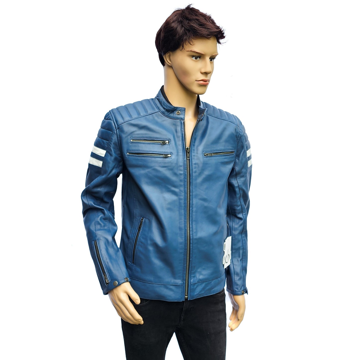 Blue Beetle - Mens REAL Genuine Leather Jacket - Blue & White Stripe