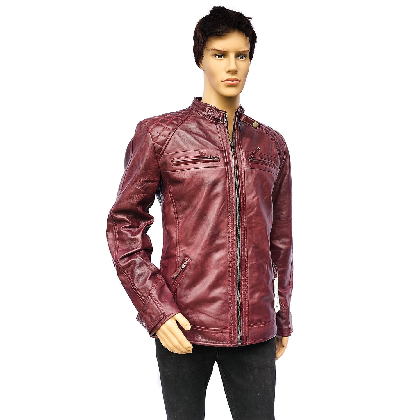 Crimson Brawler - Mens REAL Genuine Leather Jacket - Burgundy Quilted Shoulders