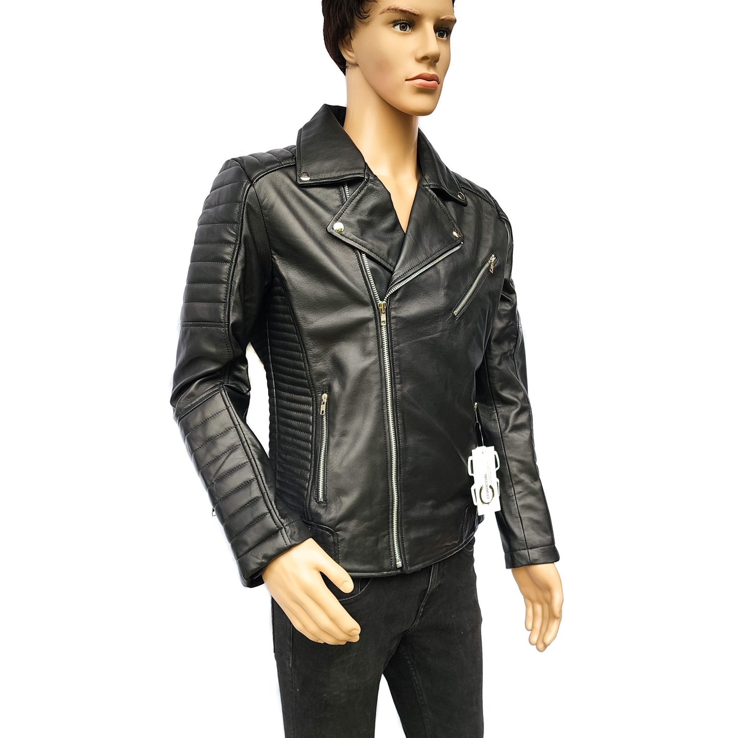 Rogue - Mens REAL Genuine Leather Jacket - Black Side Zip Ribbed