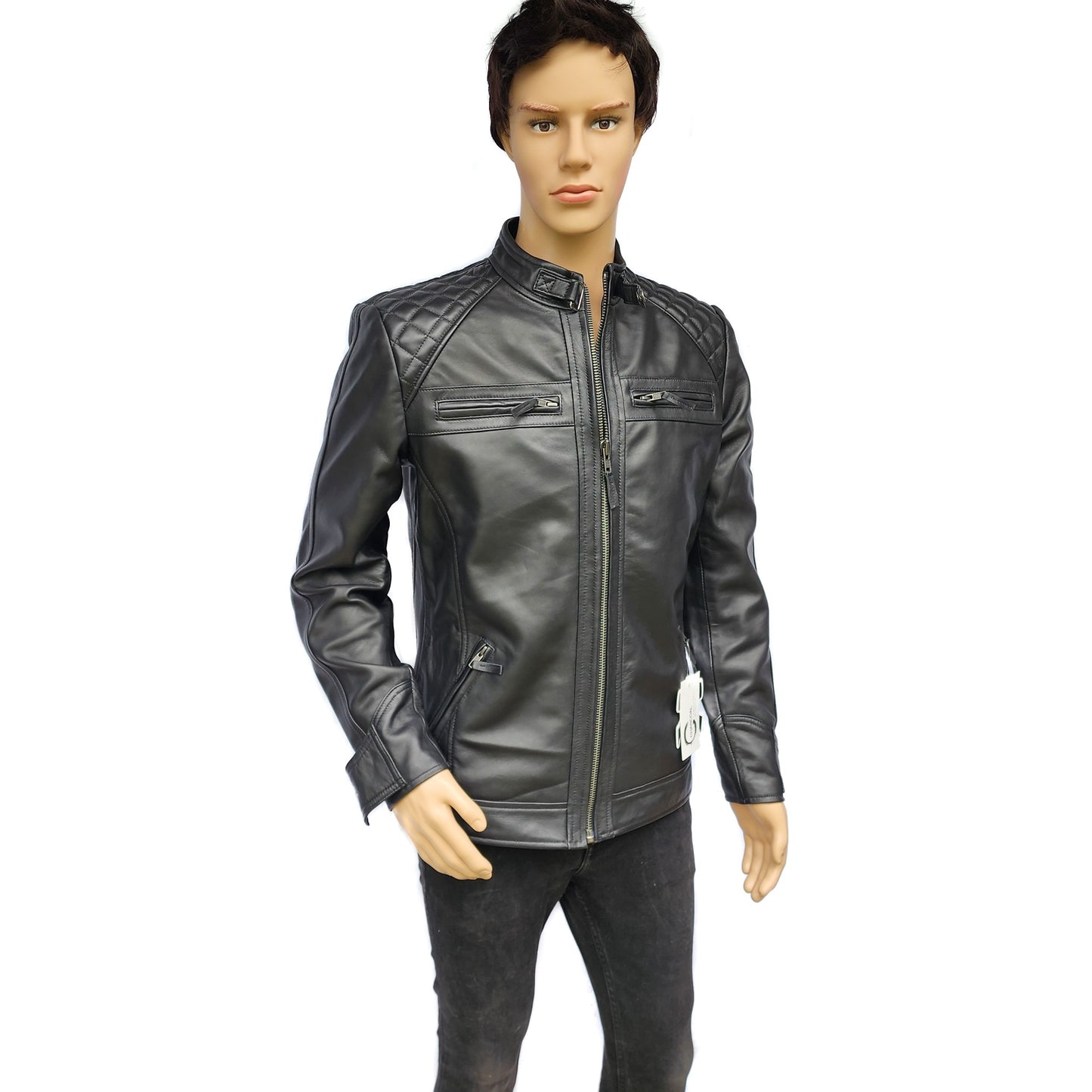 The Raven - Mens REAL Genuine Leather Jacket - Black Quilted Shoulders