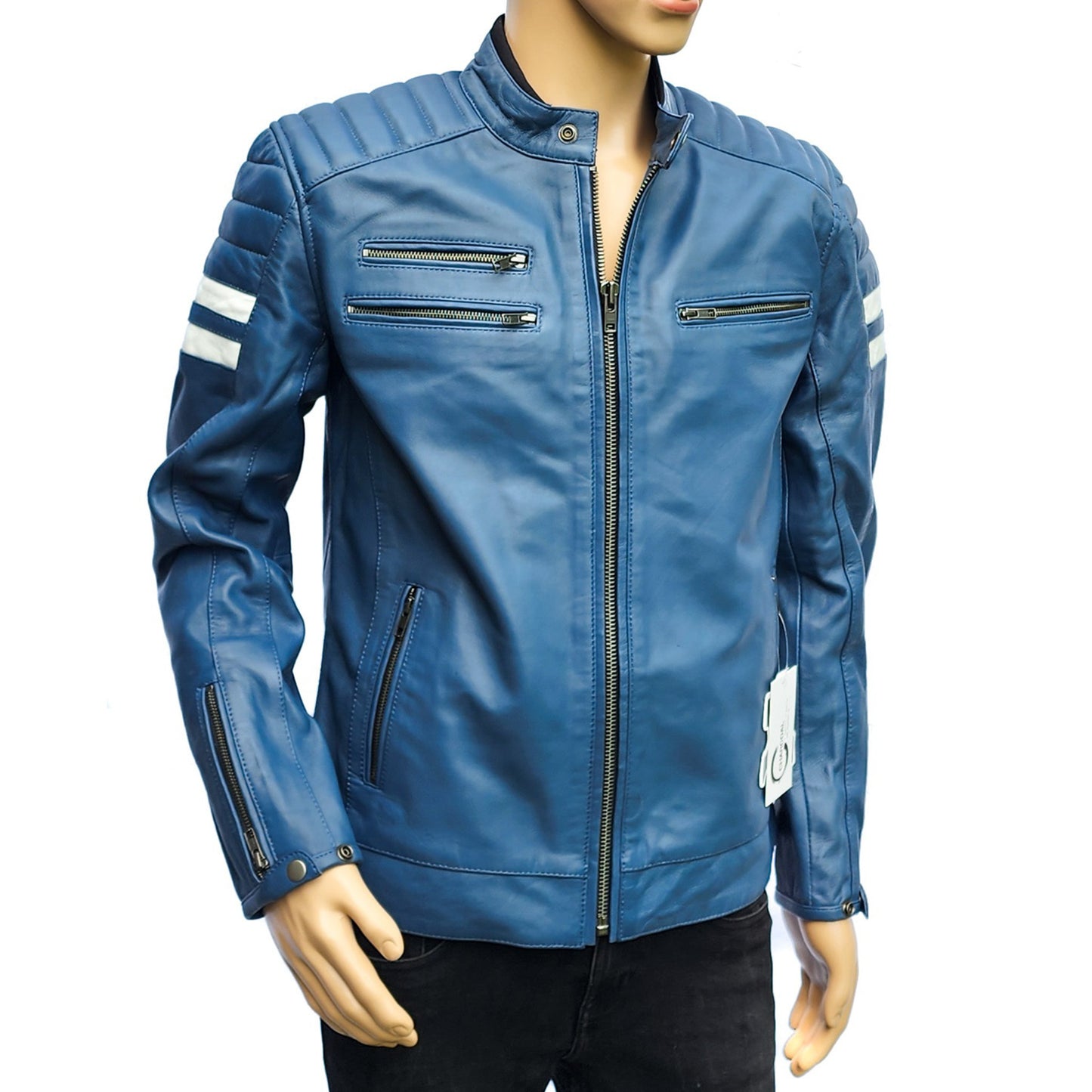 Blue Beetle - Mens REAL Genuine Leather Jacket - Blue & White Stripe