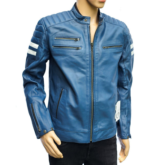 Blue Beetle - Mens REAL Genuine Leather Jacket - Blue & White Stripe
