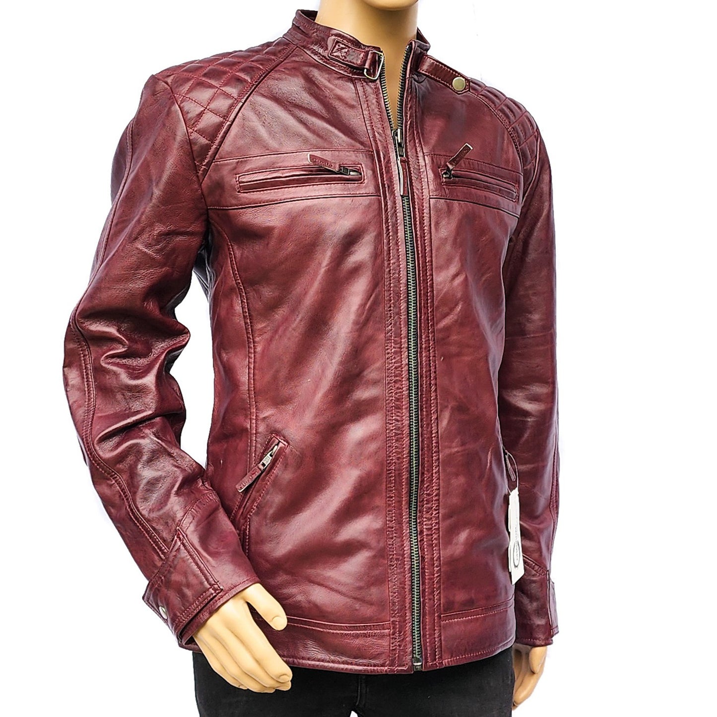 Crimson Brawler - Mens REAL Genuine Leather Jacket - Burgundy Quilted Shoulders
