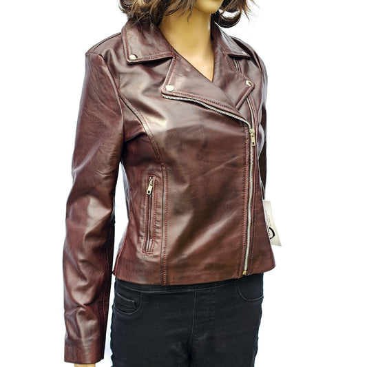 Merlot Ridge - Womens REAL Genuine Leather Jacket - Burgundy Side Zip