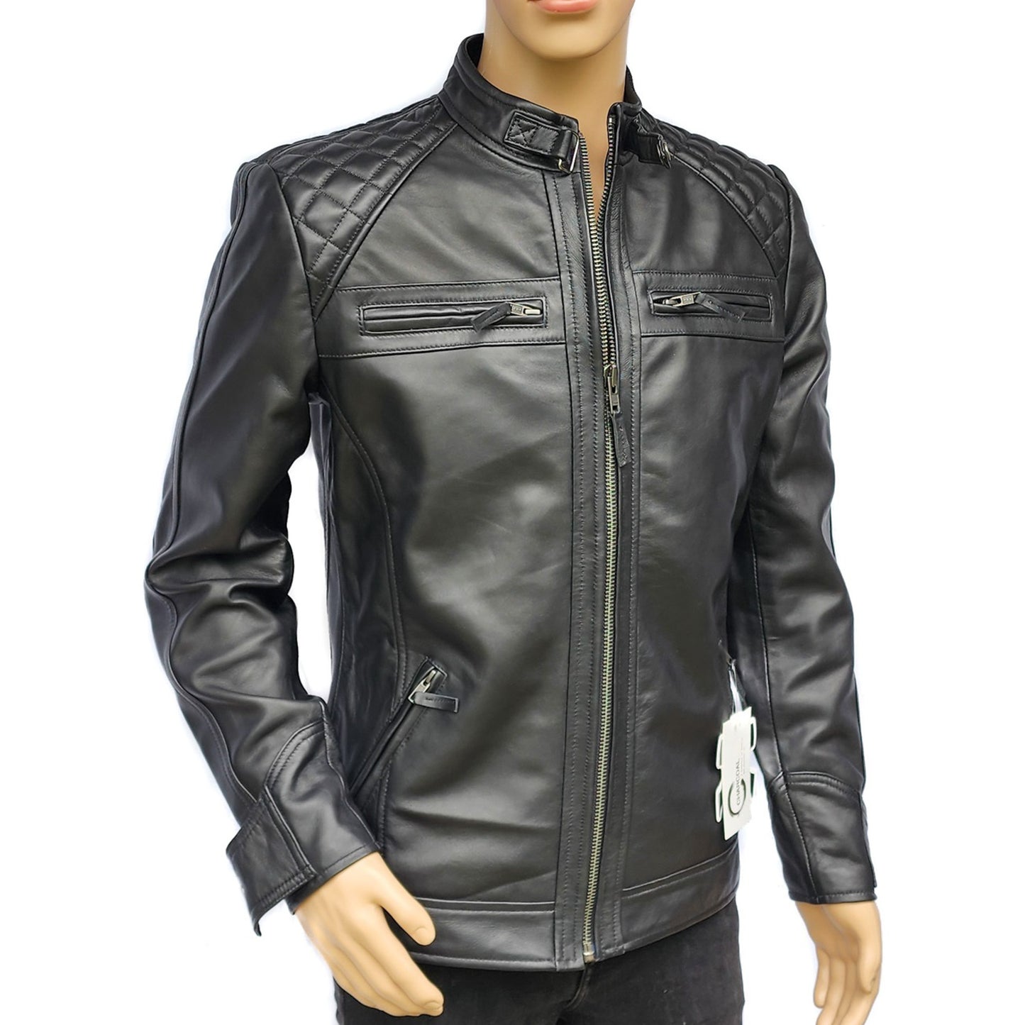 The Raven - Mens REAL Genuine Leather Jacket - Black Quilted Shoulders