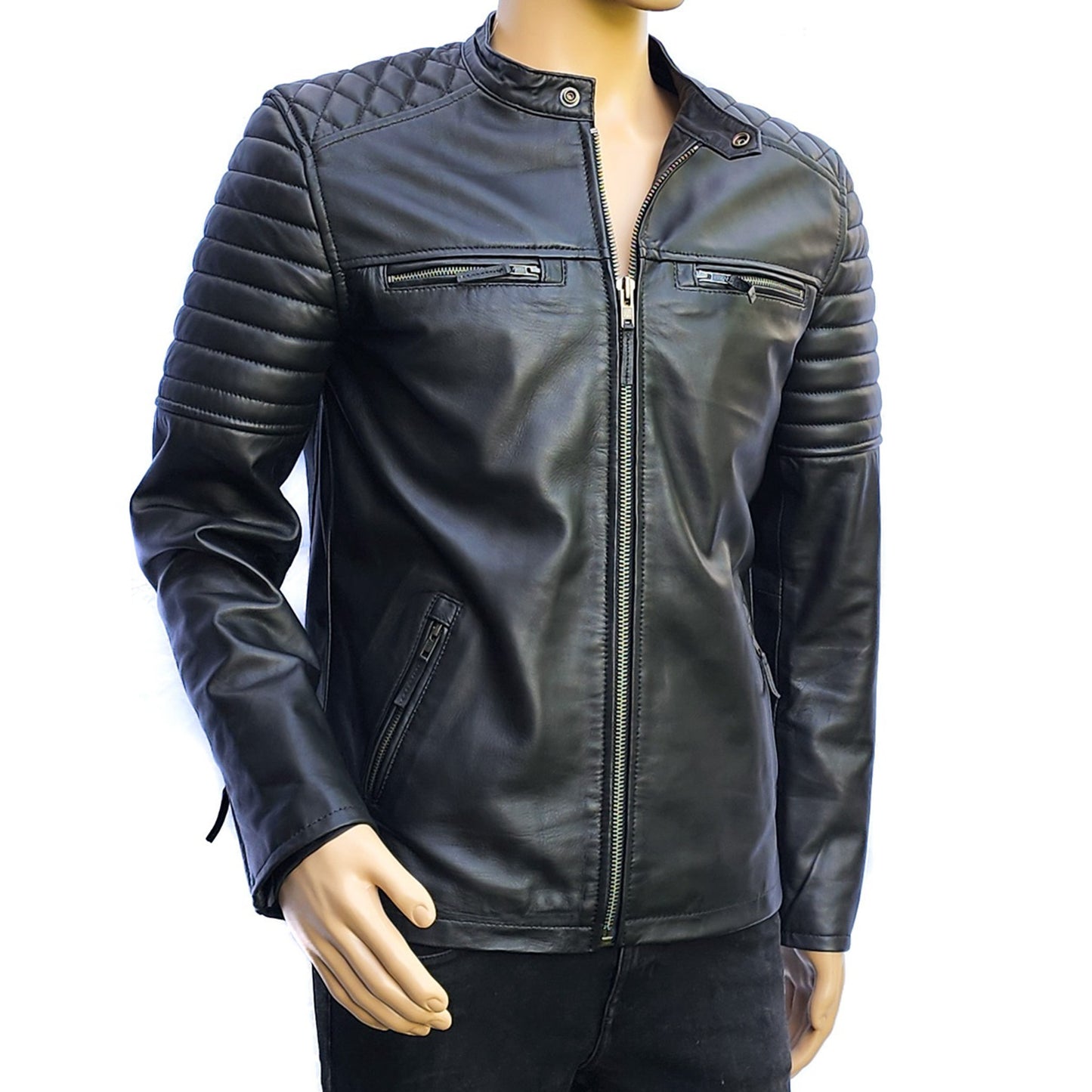 Urban Armor - Mens REAL Genuine Leather Jacket - Black Ribbed & Quilted