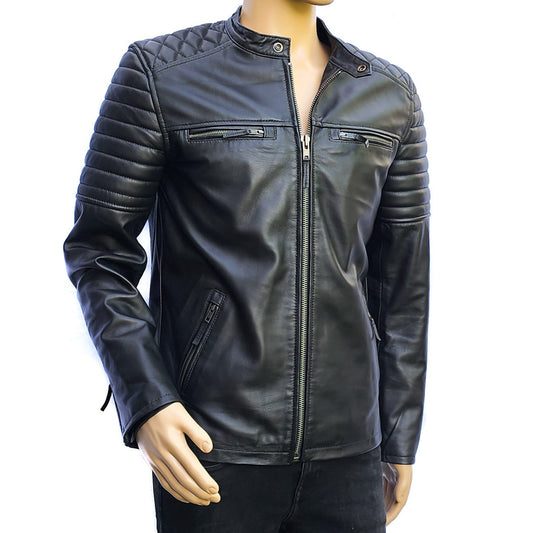Urban Armor - Mens REAL Genuine Leather Jacket - Black Ribbed & Quilted