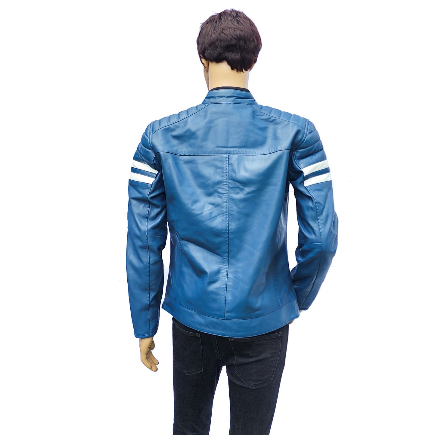 Blue Beetle - Mens REAL Genuine Leather Jacket - Blue & White Stripe