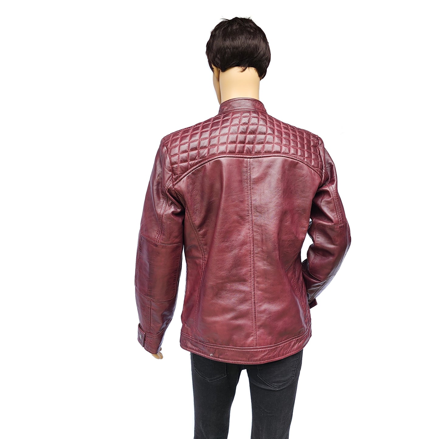 Crimson Brawler - Mens REAL Genuine Leather Jacket - Burgundy Quilted Shoulders