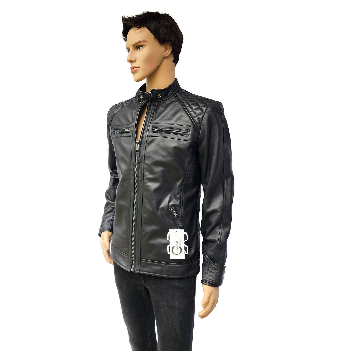 The Raven - Mens REAL Genuine Leather Jacket - Black Quilted Shoulders