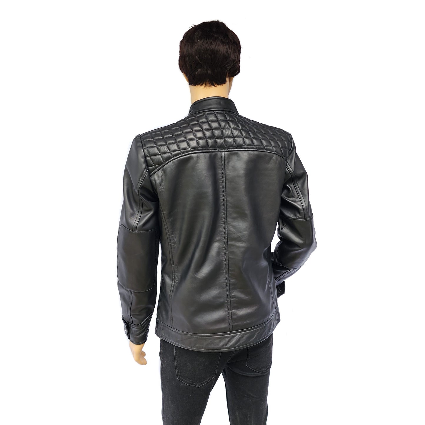 The Raven - Mens REAL Genuine Leather Jacket - Black Quilted Shoulders